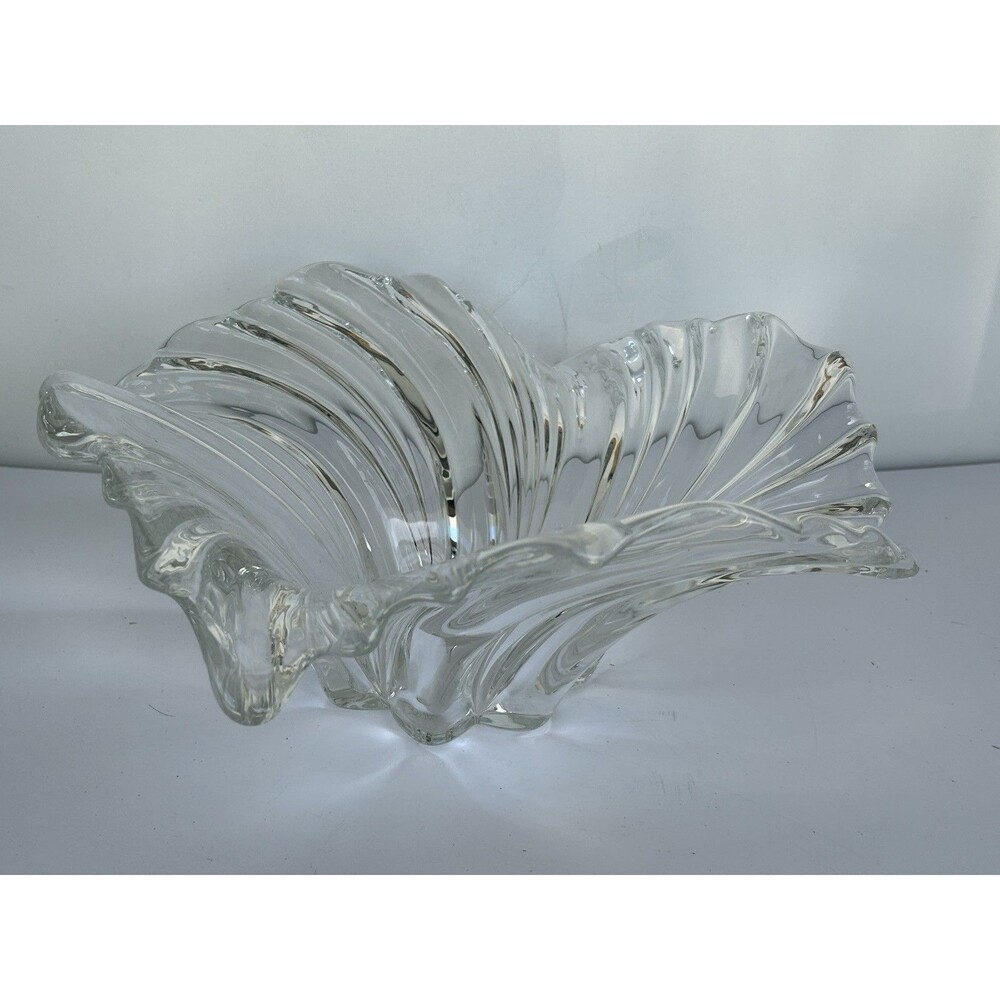 Large Clear Art Glass Centerpiece Bowl Swirl Ribbed Ruffled Edge 14” Heavy MCM